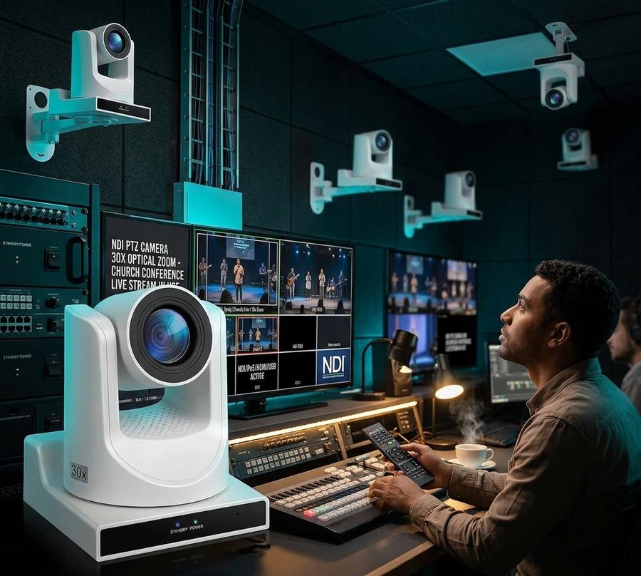 Meeasier NDI PTZ Camera with AI tracking in auditorium