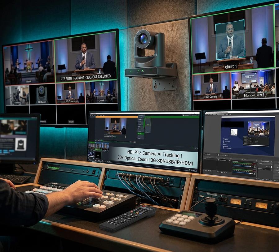 Meeasier NDI HX3 PTZ Camera with AI tracking in venue